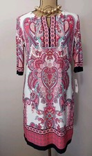 Sandra Darren Women Coral Paisley Navy Blue Trim Lined Dress Size 10P