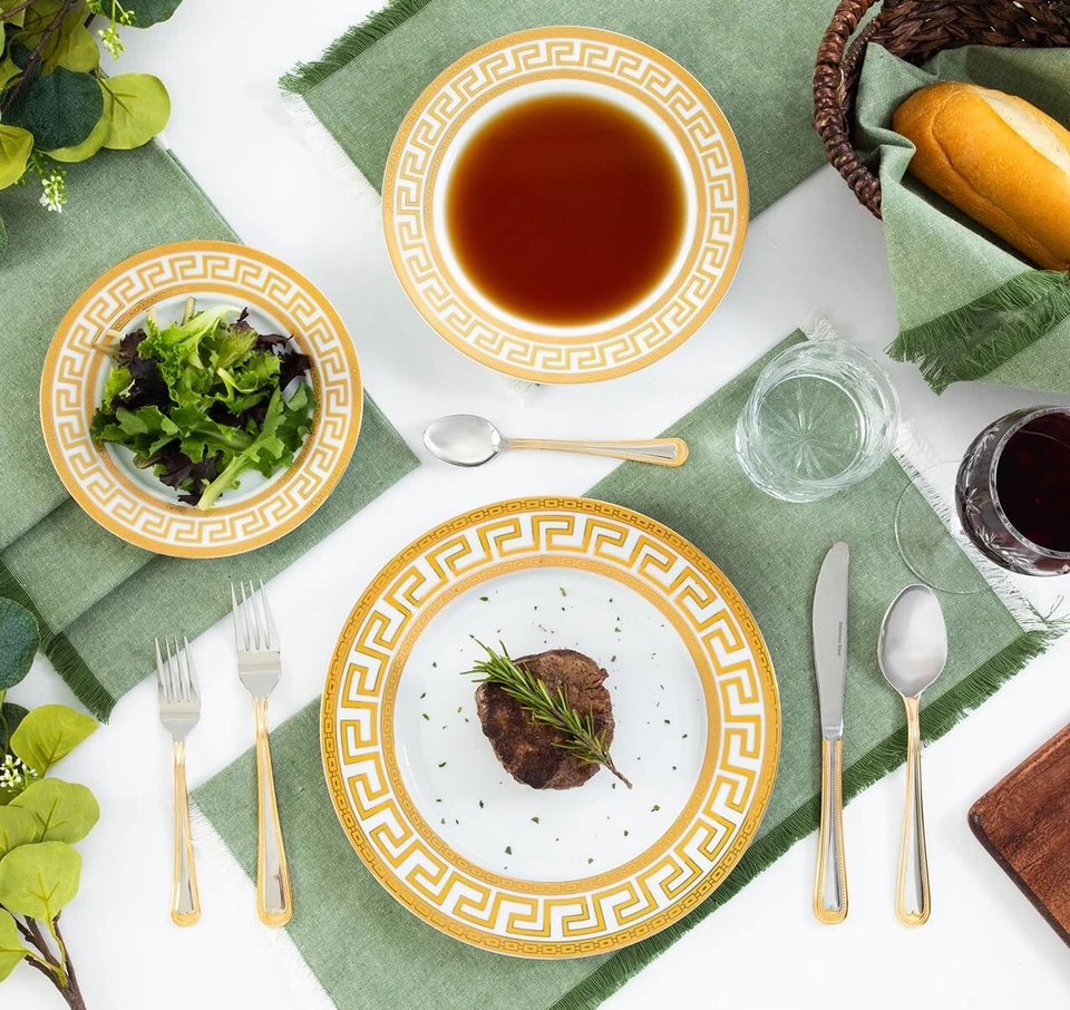 Juego de vajilla servicio para 4 - Vajilla de diseño inspirada en llave griega blanca/dorada Foto 4 de 4