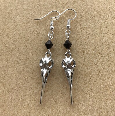 Gothic Crow Raven Bird Skull Black Bead Dangly Earrings in Gift Bag Pagan  UK