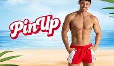 AUSSIEBUM Men  s Classic  PinUp  Red Swim Shorts Sz. SMALL White Contrast 2  Ins