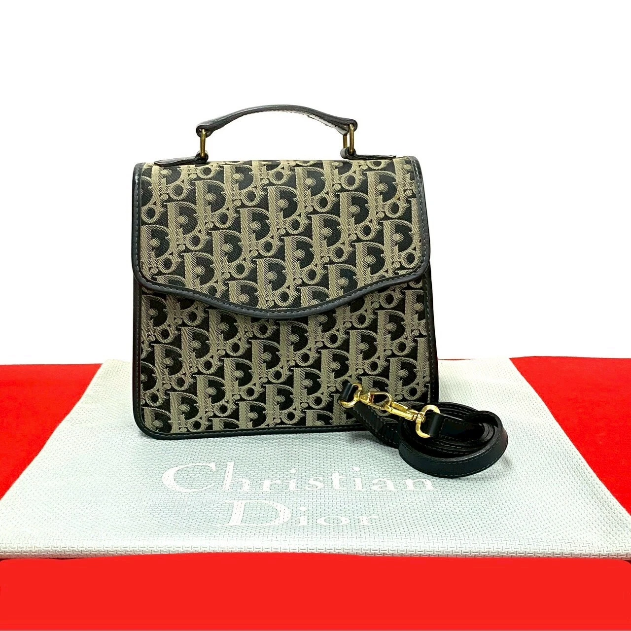 Sac bandoulière Christian Dior motif trotteur cuir toile noir 77666