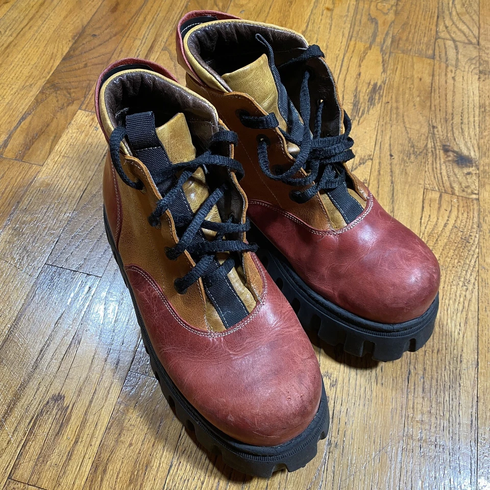 Vtg DESTROY Red/Orange Rave Goth Techno Swear low platform boots 90s chunky Sz 9 - Image 2 of 4