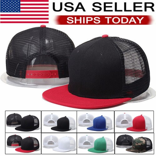 Trucker-Fahrer-Mütze Mesh-Baseball-Kappe Flache Krempe Hut Verstellbare leere feste flache Unterseite Hip-Hop-Männer_voghion.com