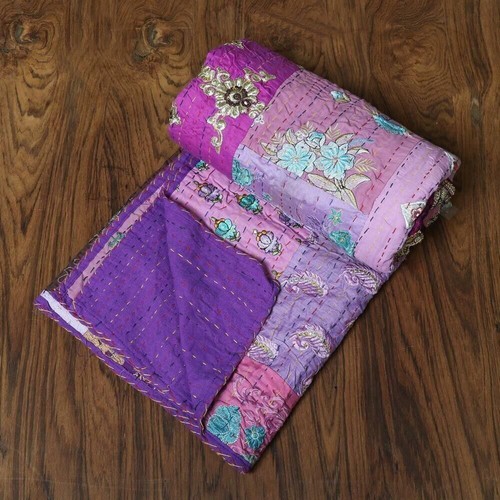 Indian Vintage Silk Patola Saree patchwork Kantha Quilt Bedspread Blanket - Picture 2 of 10