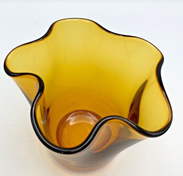 Vintage Hand Blown Amber Art Glass Vase, Folded Vase, Heavy, 6 1/2" eBay