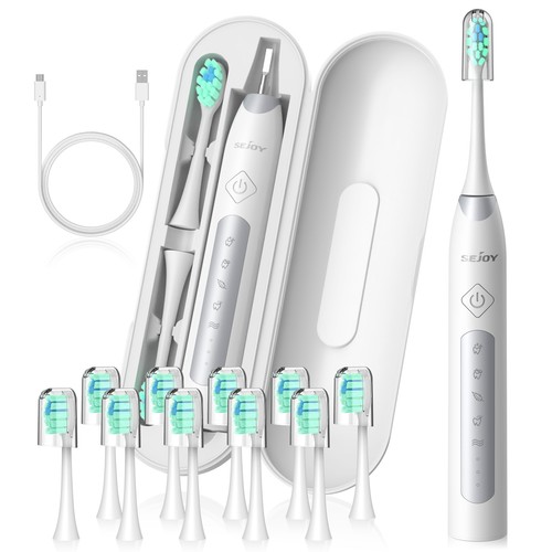 SEJOY Sonic Electric Toothbrush Rechargeable Travel Case 5 Modes 10 Brush Heads - Picture 2 of 17