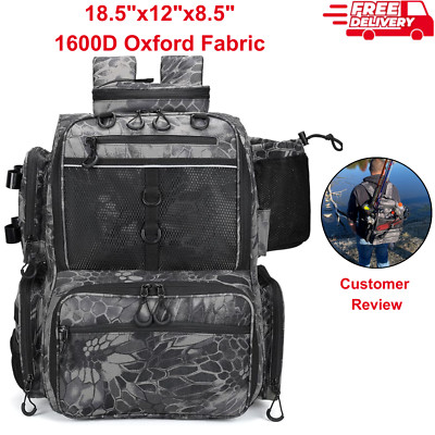 Rabjen Fishing Tackle Backpack w/ Rod Holders, Bottle Holder Storage Bag Outdoor