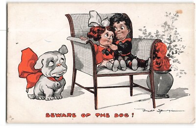 Vorsicht Hund eifersüchtiger Welpe süße Kinder kuscheln 1914 Fred Spurgin Girlie Postkarte