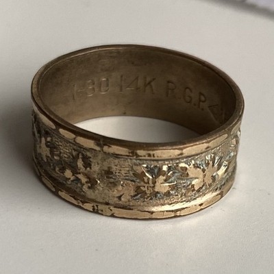 Vintage 1/30 14K RGP Walzgold Platte Ring signiert Herstellermarke florale Blätter