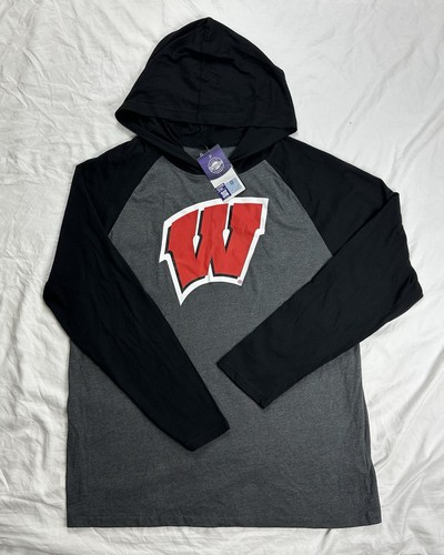 Wisconsin Badgers Hoodie Long Sleeve Shirt Mens XL Grey Black Raglan Tee NWT