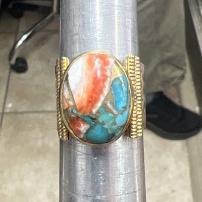 YS India 925 Sterling Silver Turquoise Coral Hammered Statement Ring 8g Size 7.5