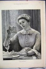 Original Old Antique Print 1884 Woman Reading Letter Beautiful 19th