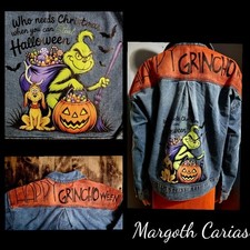 Jacket Denim Handpainted Printed Grinch Halloween Unique Piece Size S/M