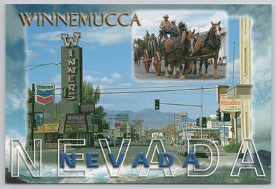 Winnemucca Nevada NV Street Scene & Horse Wagon Postcard Chevron Exxon Signs