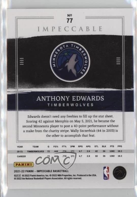 2021-22 Panini Impeccable Silver /75 Anthony Edwards #77 - Image 2 of 2