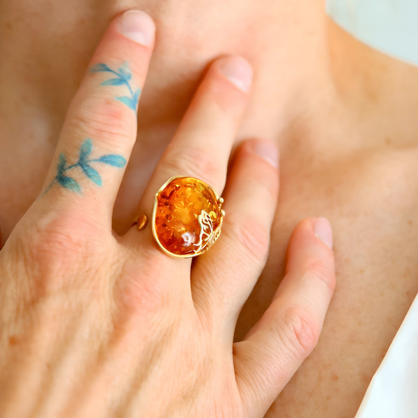 Alternate view of Baltic Cognac Amber Butterfly Ring 14k Gold Plated Sterling Silver Adjustable