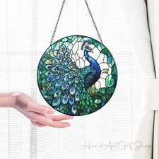 Peacock Flower Stained Glass Suncatcher, Bird Window Hanging Home Decor