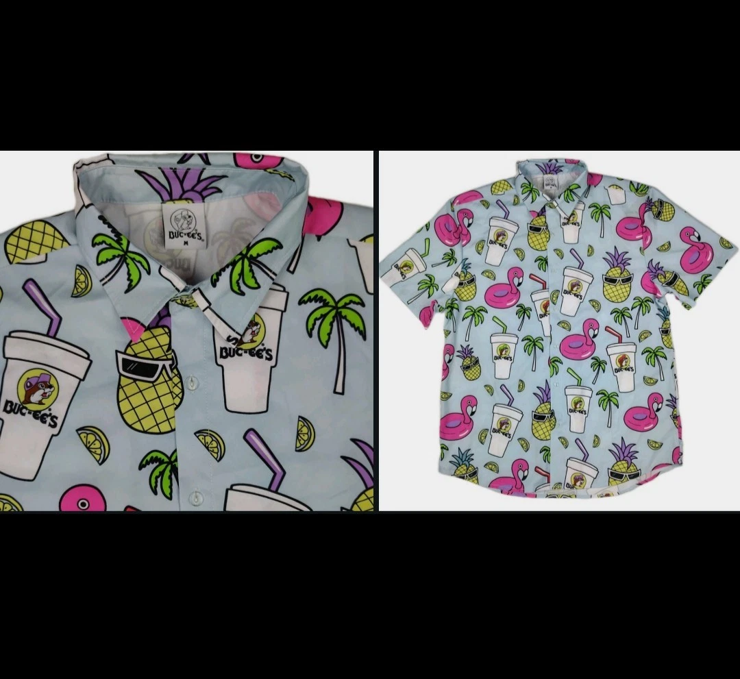 Buc-ee's Button Up Hawaiian Beach Shirt Medium Blue Texas Beaver Cup Summer