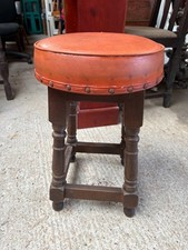 Round Wooden Pub Stool Orange Faux Leather Seat Top Vintage Retro