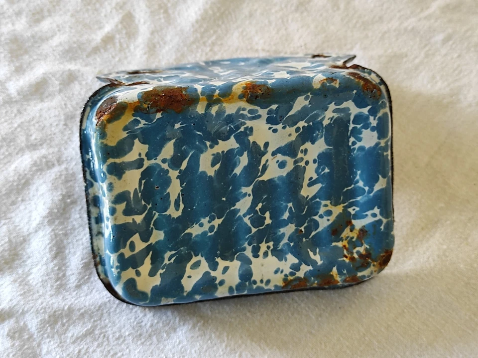 Accessoire Salle de bain Ancien Porte Savon en tôle émaillée bleu 11,5 x 8,5cm - Photo 4/4