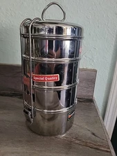 Stainless Steel 4 Tier Stackable Lunch Box Bento Tiffin Style 4x8 Silverline