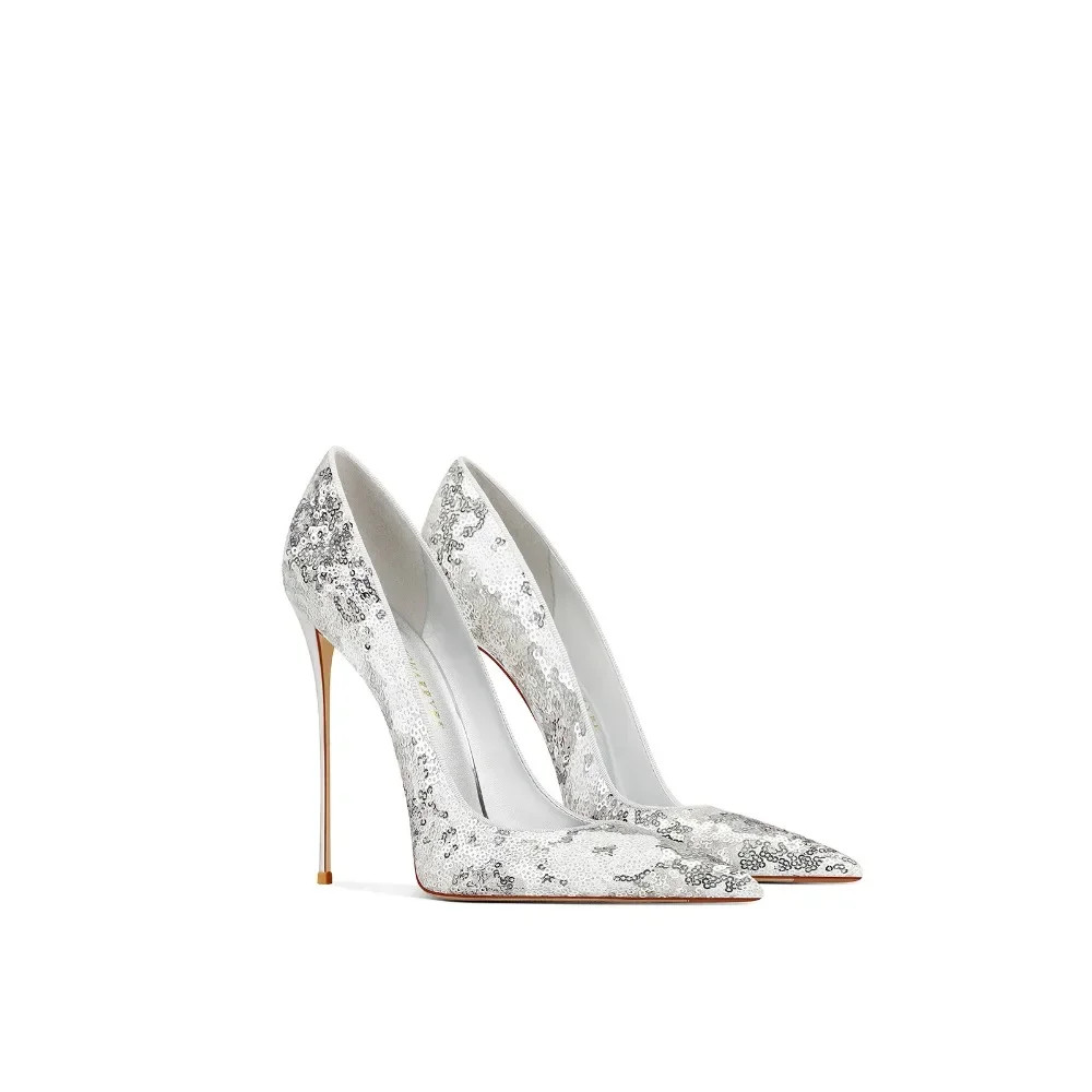 Women Silver Sparkle High Heels Pointed Toe Stiletto Unique Fashion Shoes