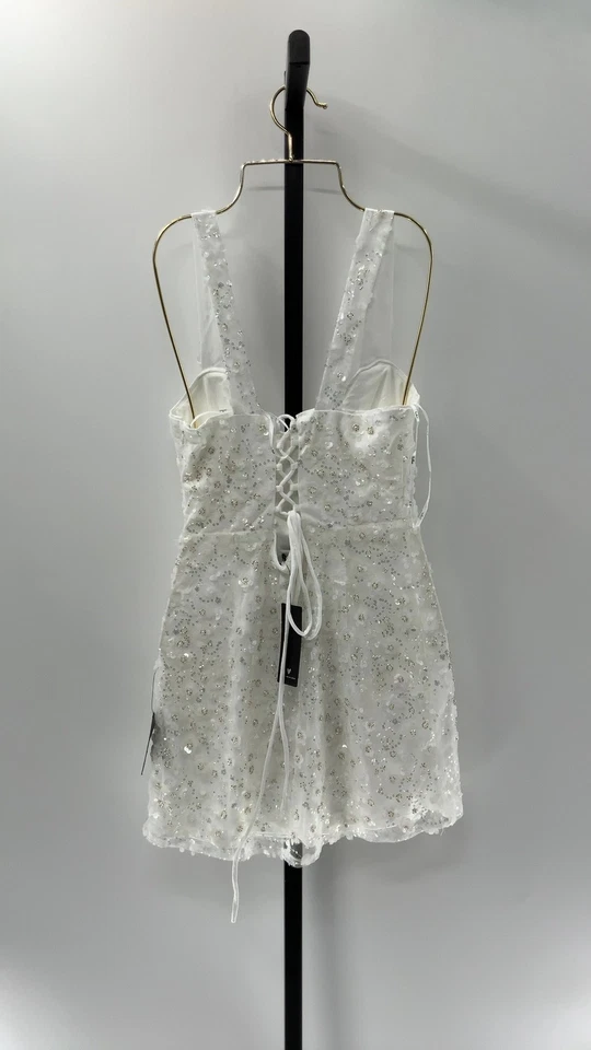 Mini Vestido Lulus Dazzling Forever Blanco Lentejuelas Cuentas Bodycon M Foto 2 de 2