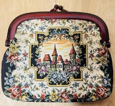 Vintage Tapestry Clutch Purse Castle  Floral Design Burgundy Closures
