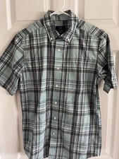 George Men's Short Sleeve Button Down Shirt SMALL 34-36 Green Gray Plaid