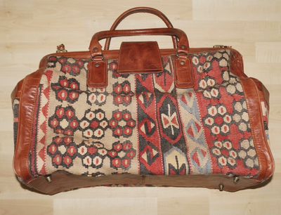 Vintage YUN ART Large Turkish KILIM WOOL & Rust-Tan Leather Travel