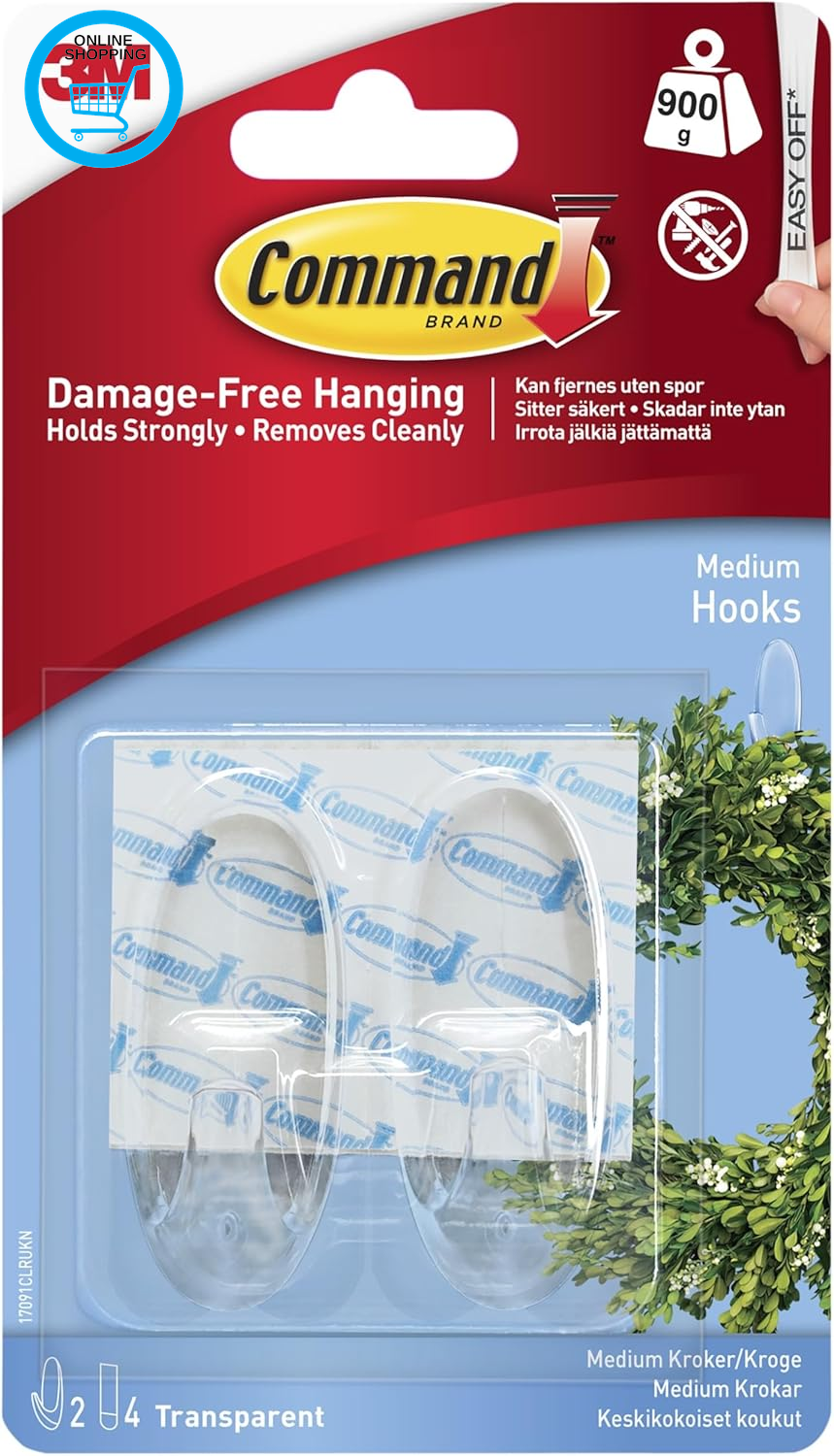 Medium Hook, Pack of 2 Hooks and 4 Adhesive Strips, Transparent - Damage Free Ha