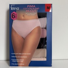 Felina Women  s Pima Cotton Blend Hi-Cut Brief Panties Lace Waistband 6-pack M