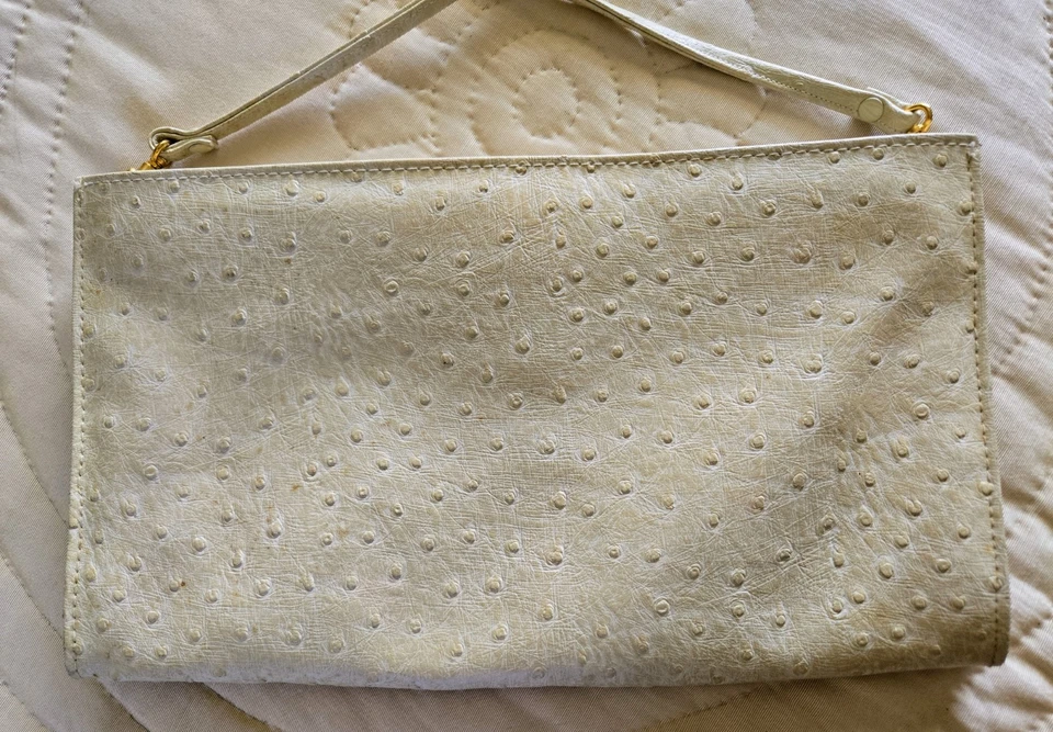 Bolso Bandolera Vintage Años 70-80 Marfil Imitación Avestruz 3 Vías GRAN CLUTCH Hombro Foto 2 de 4