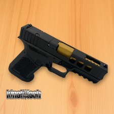 For Glock 45 Gen 5, Complete Slide, Lightning Cut, Gold TIN PORTED Barrel, BLACK