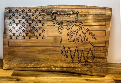 Handmade Wooden American Flag with Deer and Mountain Silhouette Cabin Wall Art