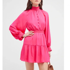 NWT ALICE + OLIVIA Lavinia Tiered Mini Dress Size 2 Smocked Balloon Sleeve Pink