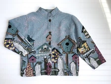 vtg Sugar Street Weavers bird birdhouse cottagecore woven tapestry jacket coat