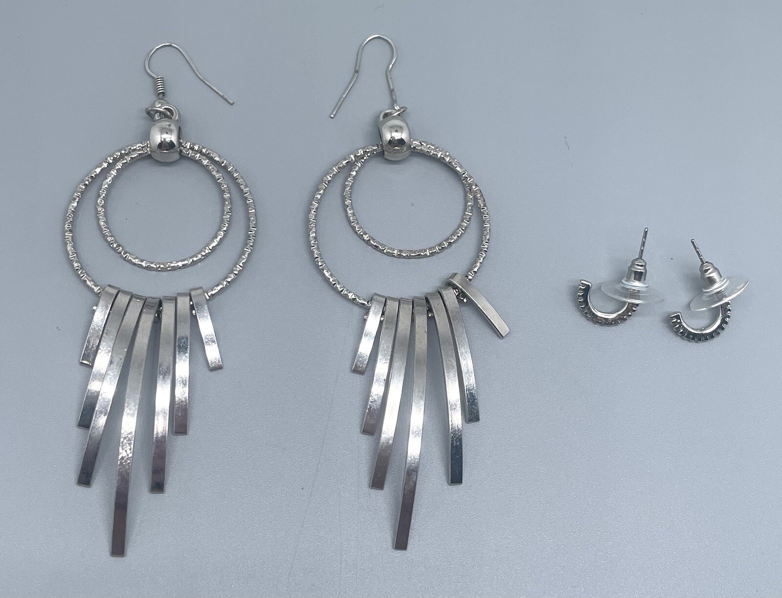 Two Silver Tone Dangle Small Hoop Rhinestone Earr… - image 2