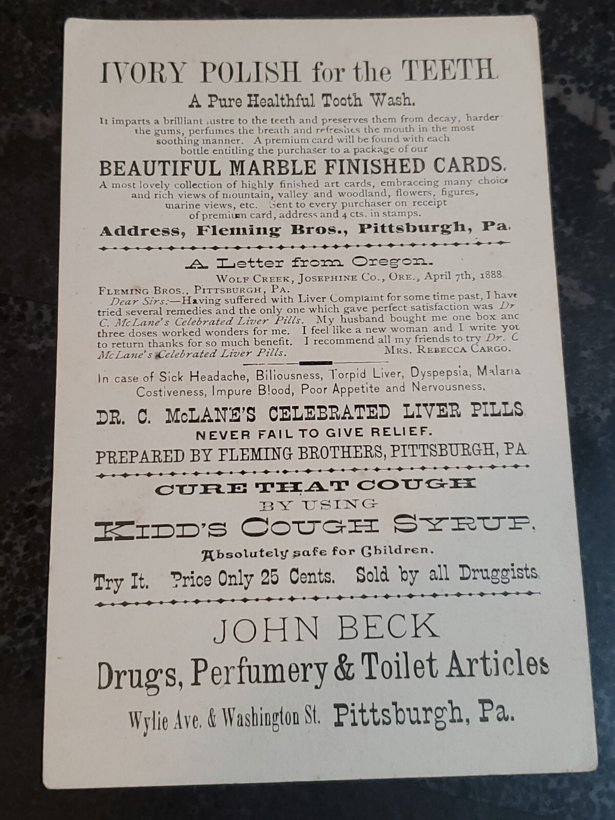 1880's DR C McLANE'S Liver Pills Trade Card Fleming Bro's & Kidd's Cough Syrup