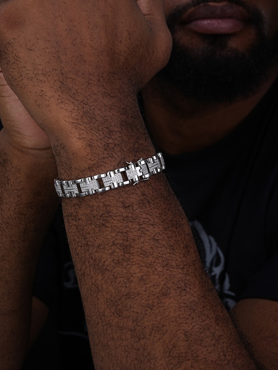 関税/送料込み【CERNUCCI】12MMアイスエルメスリンクブレス Mens 12mm Iced Hermes Link Bracelet Real 925 Sterling Silver