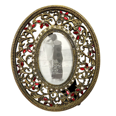 Green Tree Gallery 2005 Filigree Oval Red & Clear Stone 2x3 Photo Picture Frame