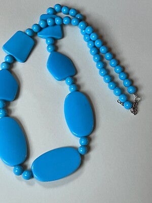 Long Chunky Sky Blue Plastic Round w Large Oval Rectangle & Pyramid Shaped Beads