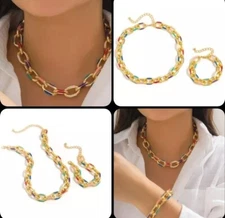 Chunky Statement Jewelry Set Gold Multi Color Necklace & Bracelet 13-8