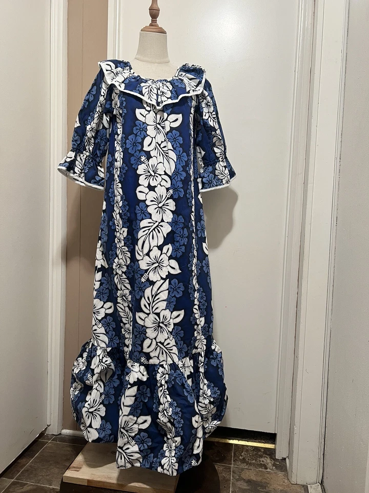 Vestido Hawaiano Hilo Hattie Vintage Años 60 70 Azul Blanco Floral Para Mujer Talla XS Foto 2 de 4