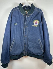 VTG 90s Work Wear Denim Bomber Jacket w/ Name Spell Out, New York Sprinkler 2XL!