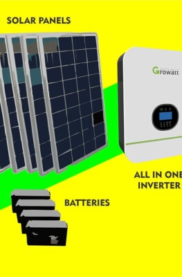 (1) GROWATT 3000 LVM 48P (6) 330W SOLAR PANELS (4) 12V DEEP CYCLE BATTERIES