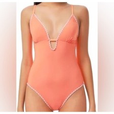 Lucky Brand Shell Stitch Tangerine One Piece plung Neck Swimsuit size small