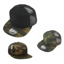 NEW Camo Flat Brim Mesh Adjustable Snapback Trucker Baseball Cap Black