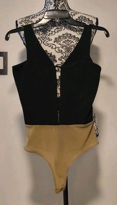 Caribbean Queen Black Gold Mesh Colorblock Zip Front Thong Bodysuit XS