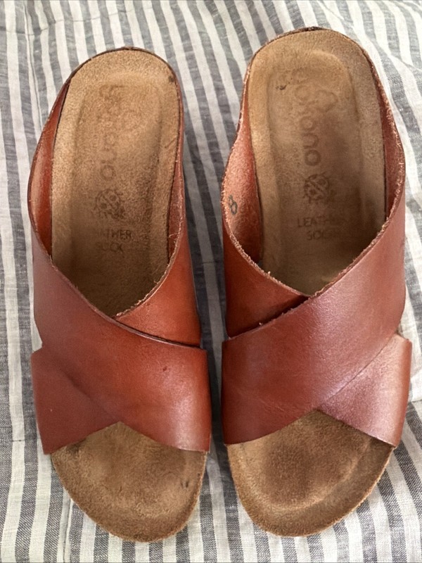 Yokono Shoes Womens  8 Leather Cork Wedge Slide Sandals Comfort Made Spain Brown